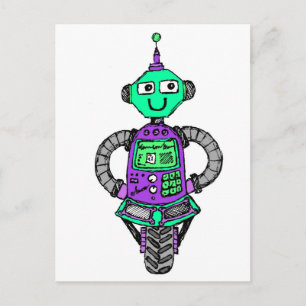 Arnie robot, purple and green postcard