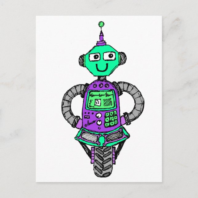 Arnie robot, purple and green postcard (Front)