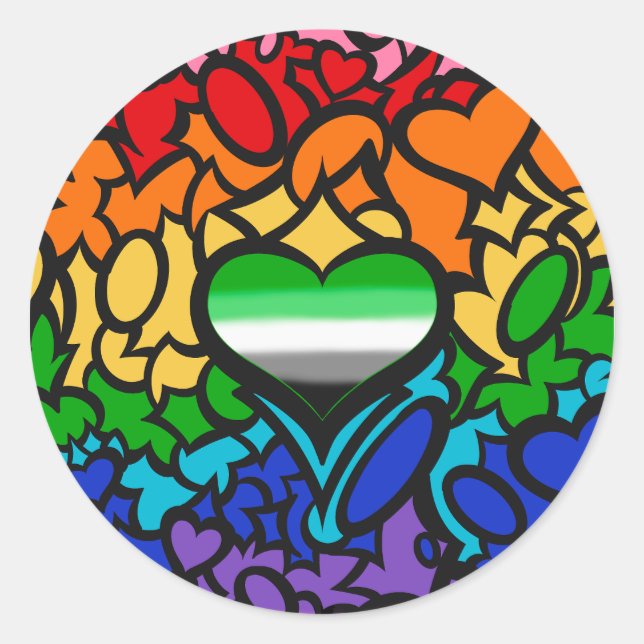 Aro Heart 8-Sripe Rainbow Pride Squiggle Classic Round Sticker (Front)