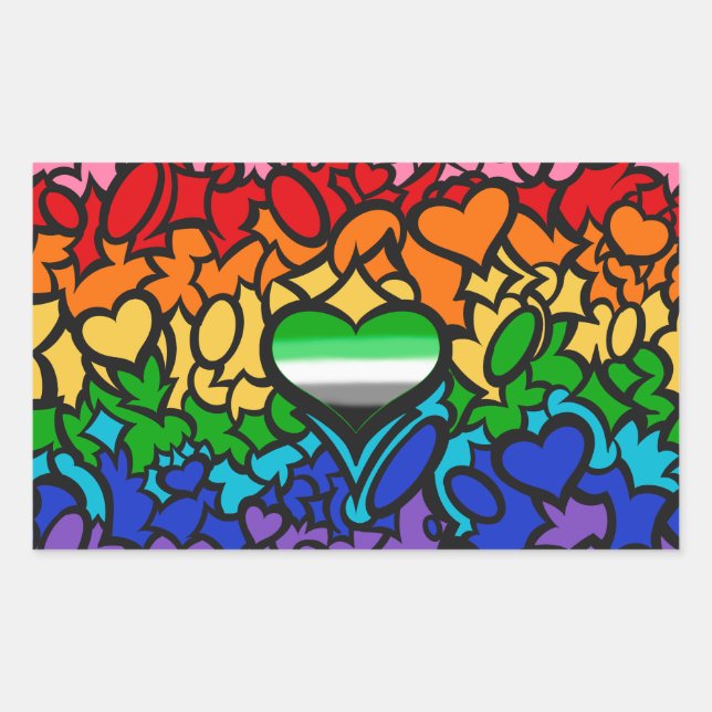 Aro Heart 8-Sripe Rainbow Pride Squiggle Rectangular Sticker (Front)