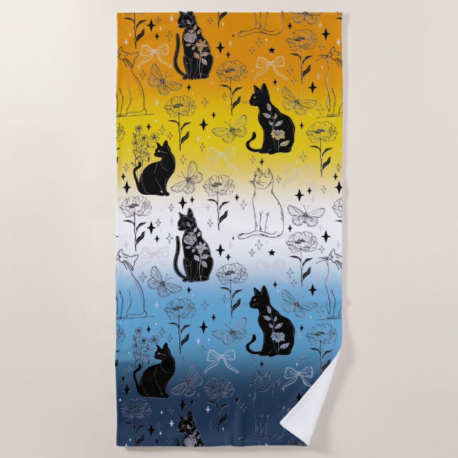 AroAce Pride Black Cat - Mystical Witchy Beach Towel (Front)