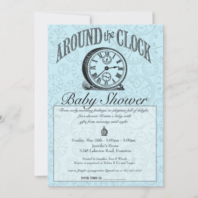 Around the Clock Baby Shower Invitation - Blue (Front)