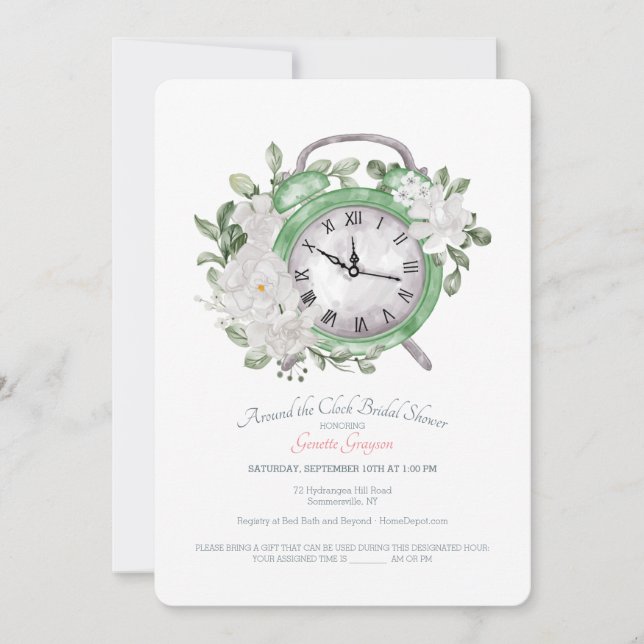 Around the Clock Bridal Shower Green Invitation (Front)