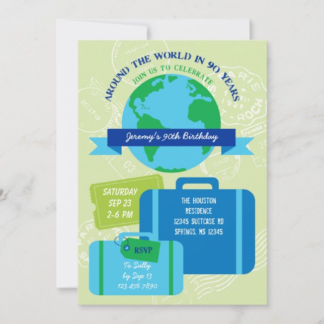 Around The World 90th Birthday Invitation (Front)