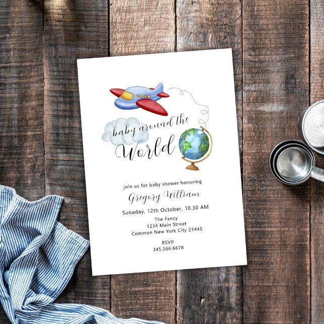 Around The World Map Aeroplane Baby Shower  Invitation (Around The World Map Airplane Baby Shower Invitation)