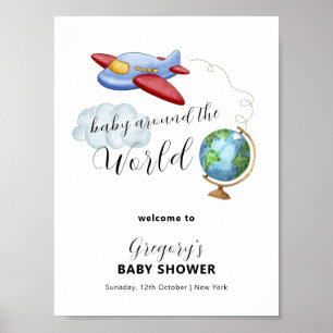Around The World Map Airplane Baby Shower Welcome Poster