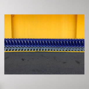 Arranged blue grocery carts poster
