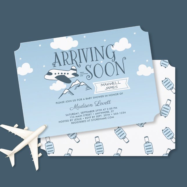 Arriving Soon Aeroplane Baby Shower Invitation (Shown on a 5" x 7" card.  Ticket style.)