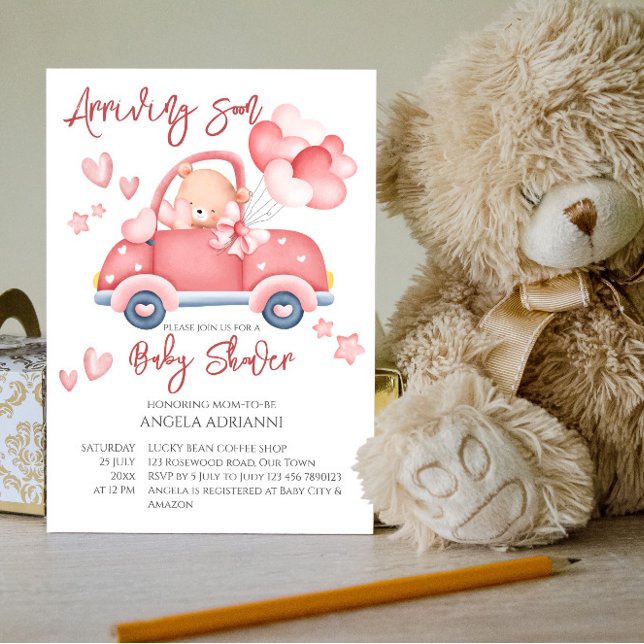 Arriving soon cute pink teddy bear tiny driver invitation (Creator Uploaded)