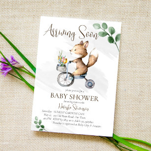 Arriving soon little fox riding bike baby shower invitation