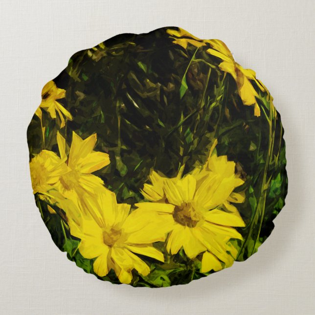 Arrowleaf Balsamroot Yellow Wildflower Abstract Round Cushion (Back)