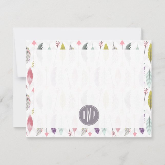 Arrows and Feathers Monogram Pattern Note Card (Front)