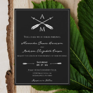 Arrows and Monograms Wedding Black Invitation