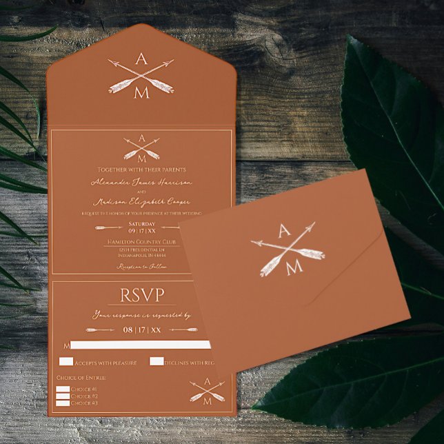 Arrows and Monograms Wedding | Burnt Orange All In One Invitation (Burnt Orange Arrows and Monograms Wedding All in One Invitation)