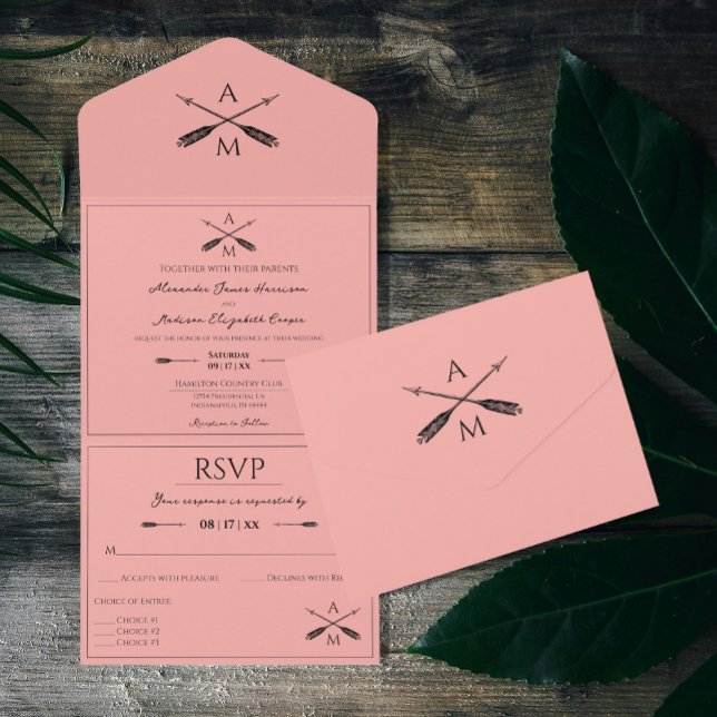 Arrows and Monograms Wedding | Coral All In One Invitation (Coral Arrows and Monograms Wedding All in One Invitation)
