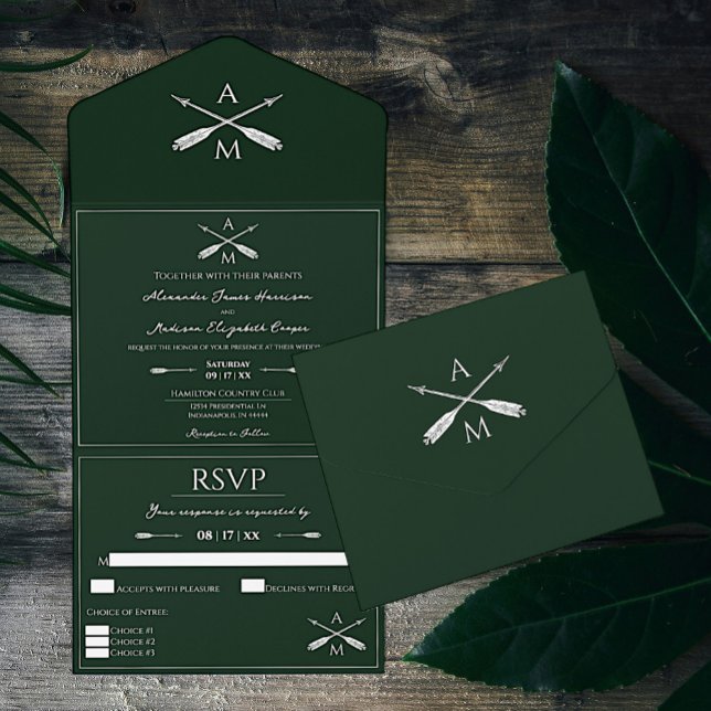 Arrows and Monograms Wedding | Emerald Green All In One Invitation (Emerald Green Arrows and Monograms Wedding All in One Invitation)