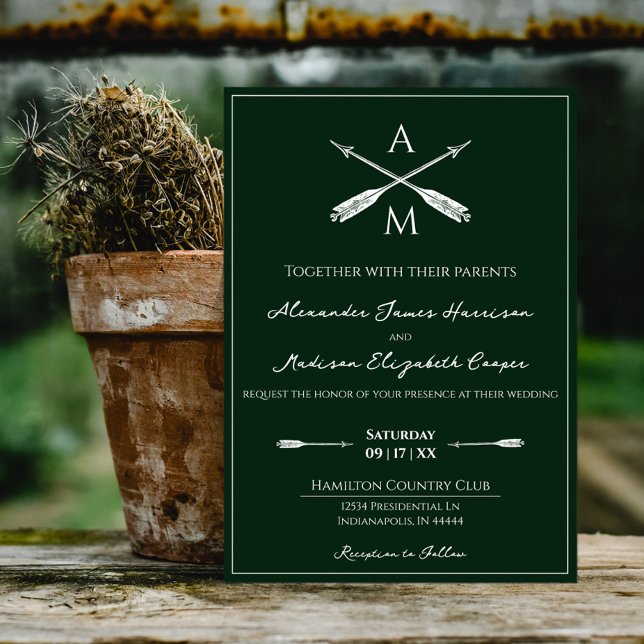 Arrows and Monograms Wedding | Emerald Green Invitation (Emerald Green Arrows and Monograms Wedding Invitation)