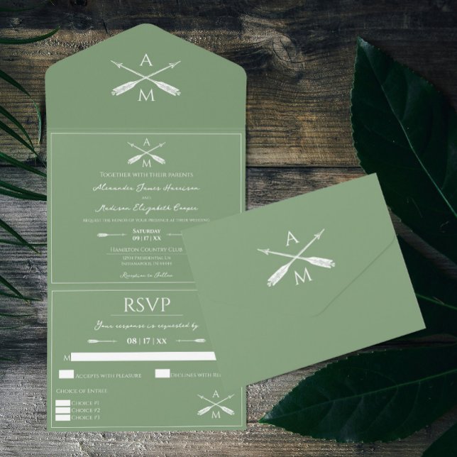 Arrows and Monograms Wedding | Moss Green All In One Invitation (Moss Green Arrows and Monograms Wedding All in One Invitation)