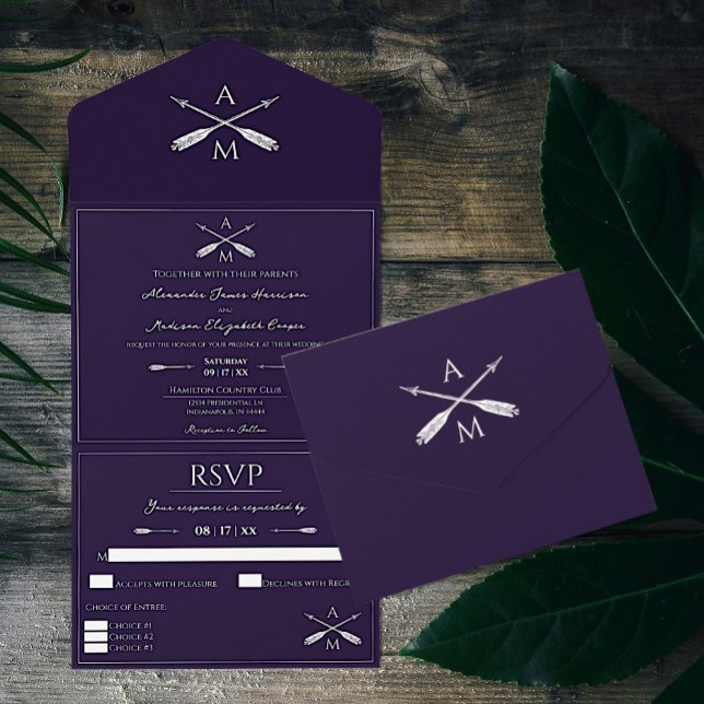 Arrows and Monograms Wedding | Purple All In One Invitation (Purple Arrows and Monograms Wedding All in One Invitation)