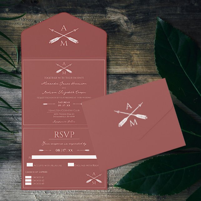 Arrows and Monograms Wedding | Terracotta All In One Invitation (Terracotta Arrows and Monograms Wedding All in One Invitation)