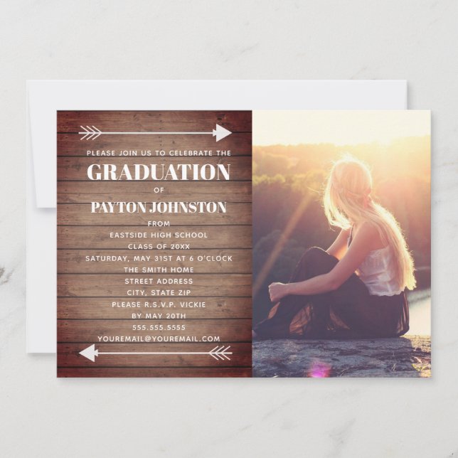 Arrows Graduation Photo Rustic Wood Plank Invitation (Front)