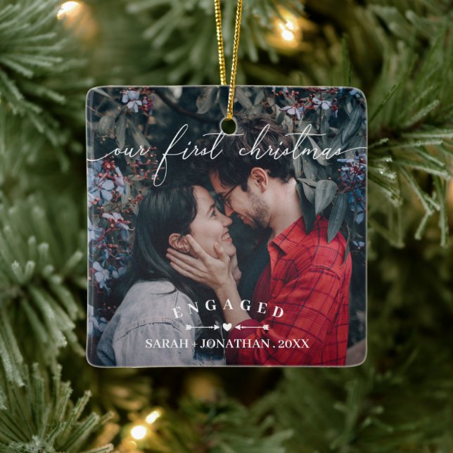 Arrows & Heart First Christmas Engaged Photo Ceramic Ornament (Tree)