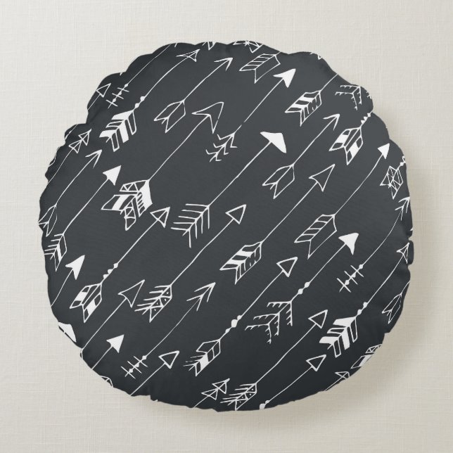 Arrows in Darkness: Hand-Drawn Pattern Round Cushion (Front)