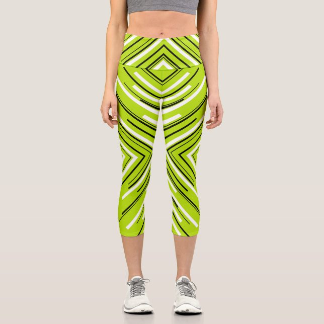 Arrows in Lime Green, Black, and White Capri Leggings (Front)