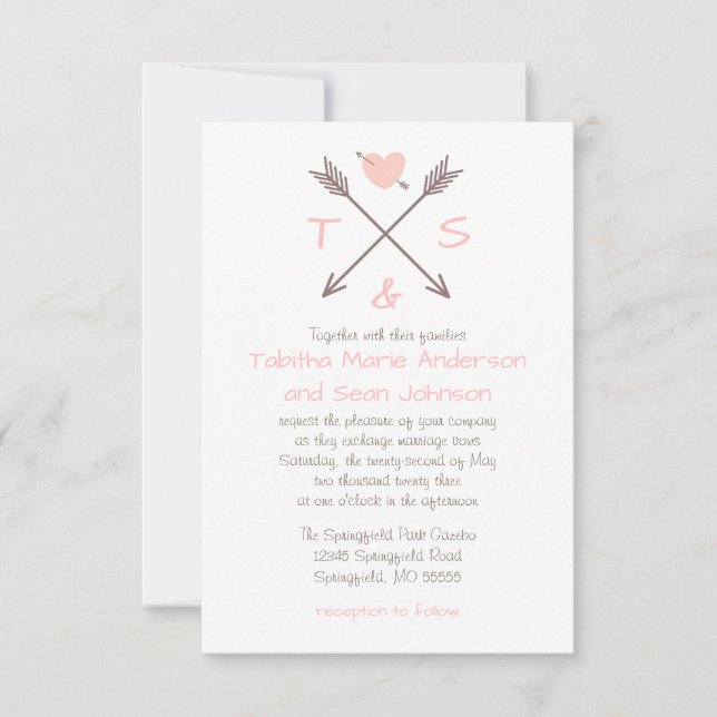 Arrows Pink Heart - 3x5 Wedding Invitation (Front)