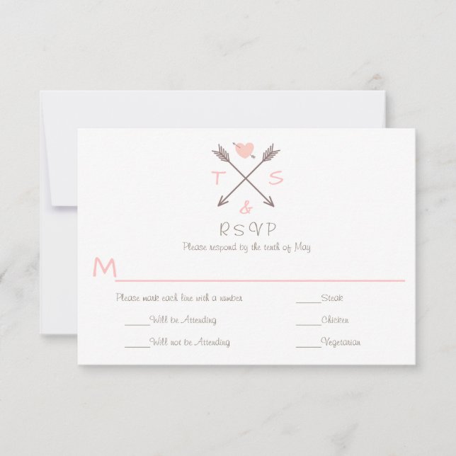 Arrows Pink Heart - RSVP & Dinner Choice Card (Front)