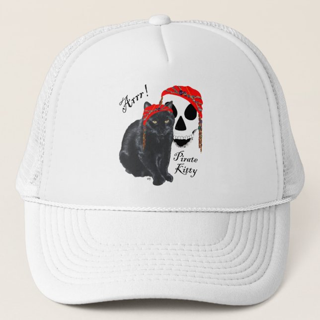 Arrrr!  Black Cat Pirate Kitty Trucker Hat (Front)