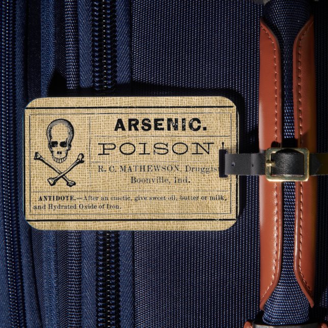 Arsenic Label on Burlap Luggage Tag (Front Insitu 4)