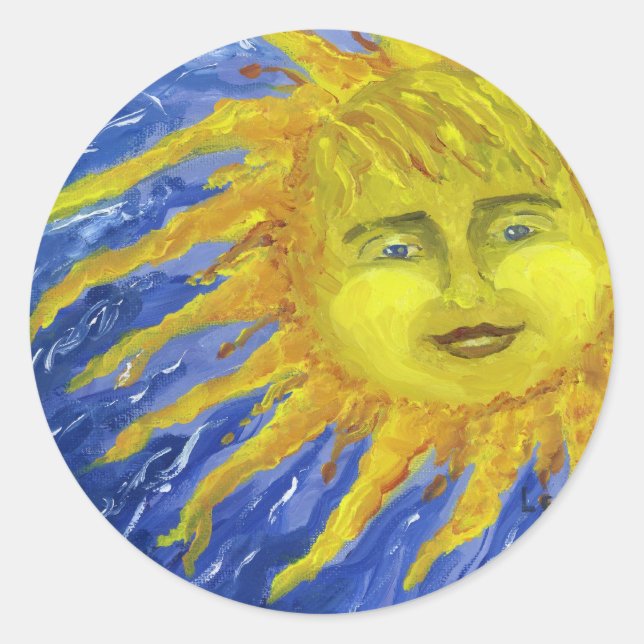 Art, Bright Yellow Sun in Blue Sky Classic Round Sticker (Front)