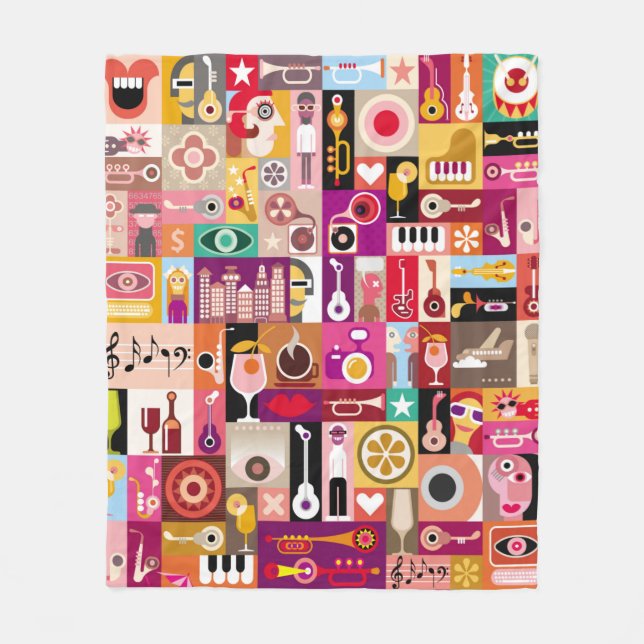 Art collage, musical vintage illustration. Patchwo Fleece Blanket (Front)