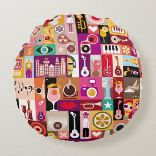 Art collage, musical vintage illustration. Patchwo Round Cushion