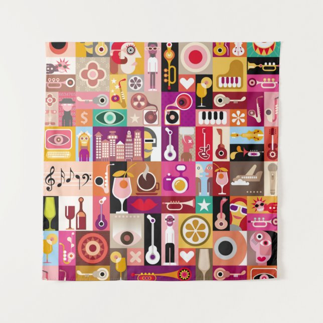 Art collage, musical vintage illustration. Patchwo Tapestry (Front)