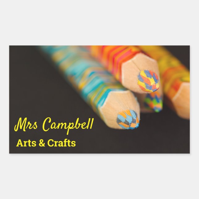 Art & Craft Colour Pencils Teacher Name & Subject Rectangular Sticker (Front)