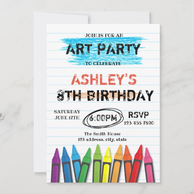 Art crayon birthday party invitation (Front)