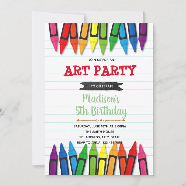 Art crayon birthday party invitation (Front)