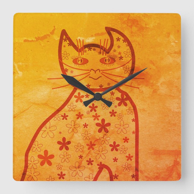 Art ,Cute Cat Clipart orange Square Wall Clock (Front)