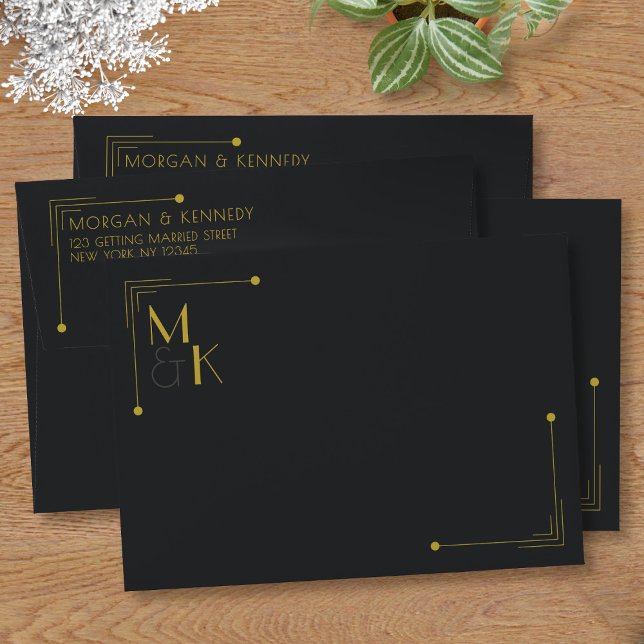 Art Deco 1920s Black Wedding Envelope (Add your initials and name to these elegant black wedding envelopes)