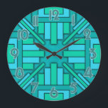 Art Deco 1920s Geometric Teal Green Blue Pattern Large Clock<br><div class="desc">This beautiful, original clock design is done in a geometric art deco style reminiscent of the modern 20's. The rectangular shapes point inward towards the clock hands. The colours are done in various shades of green and blue, ranging from teal to turquoise to sea green. The clock numbers are teal...</div>