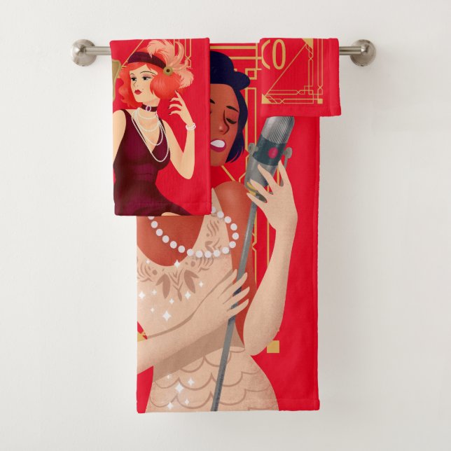 Art Deco 1920s Glam Ladies Gold Red Bath Towel Set (Insitu)