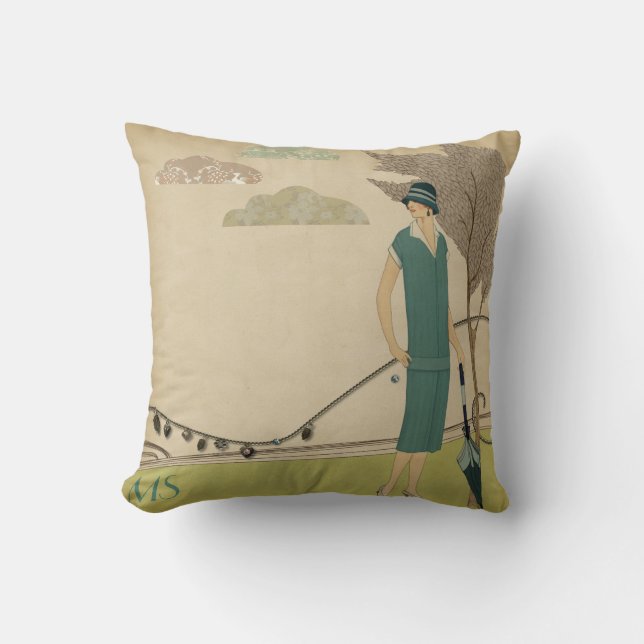 Art Deco 1920s Vintage Teal Olive Monogram Cushion (Front)