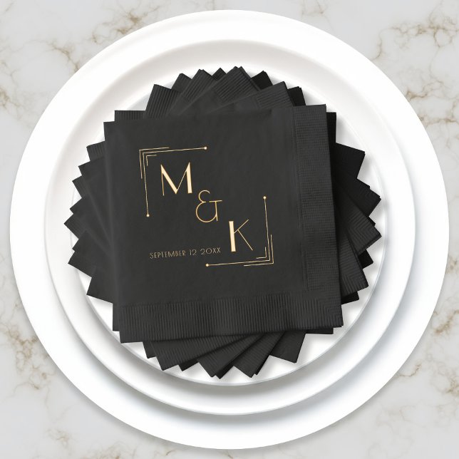 Art Deco 1920s Wedding Foil Napkins (For your 1920s gatsby wedding, black and real foil napkins. Just add your initials and wedding date)
