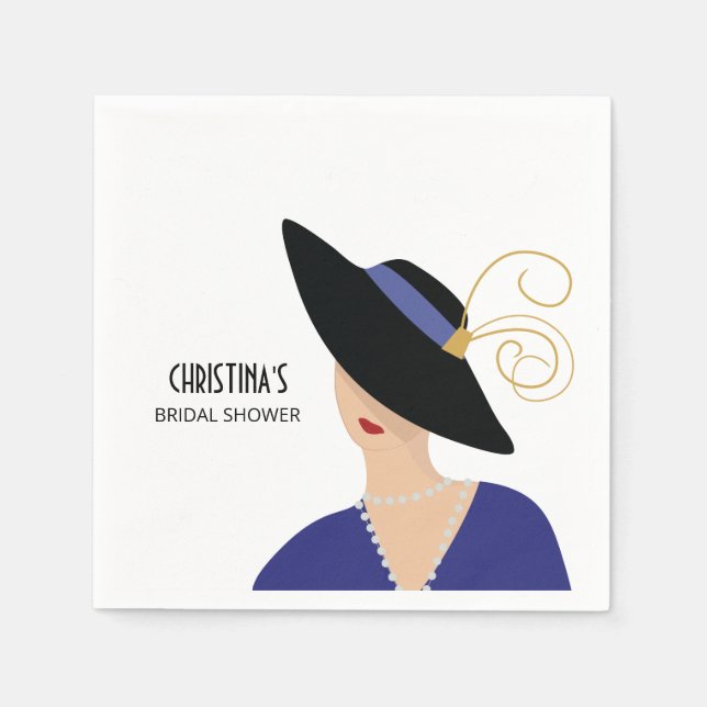 Art Deco 1930s Woman in Black Hat Bridal Shower Napkin (Front)