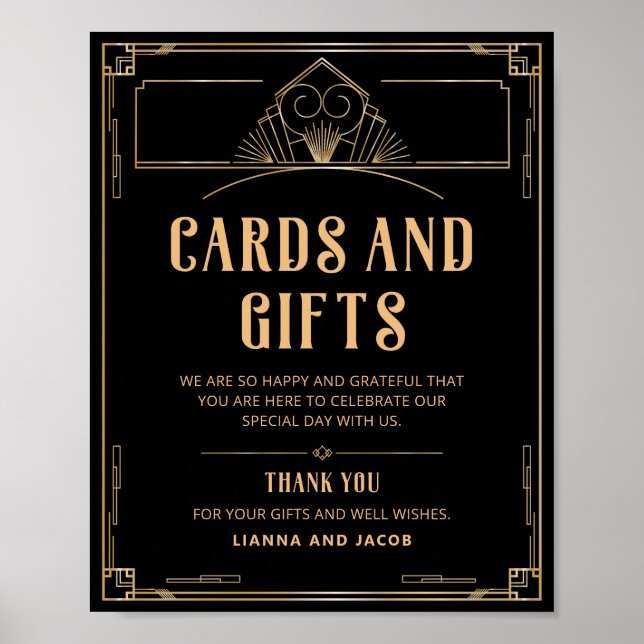 Art Deco 20s Cards and Gifts Black Gold Wedding Poster (Front)