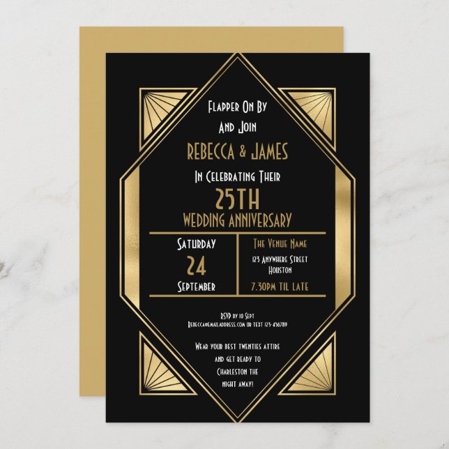 Art Deco 25 years Silver Wedding Anniversary Invitation (Front/Back)