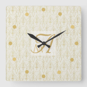 Art Deco 3 Initial Monogram Gold Cream Pattern Square Wall Clock