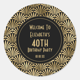 Art Deco 40th Birthday Party  Black   Gold Favour Classic Round Sticker